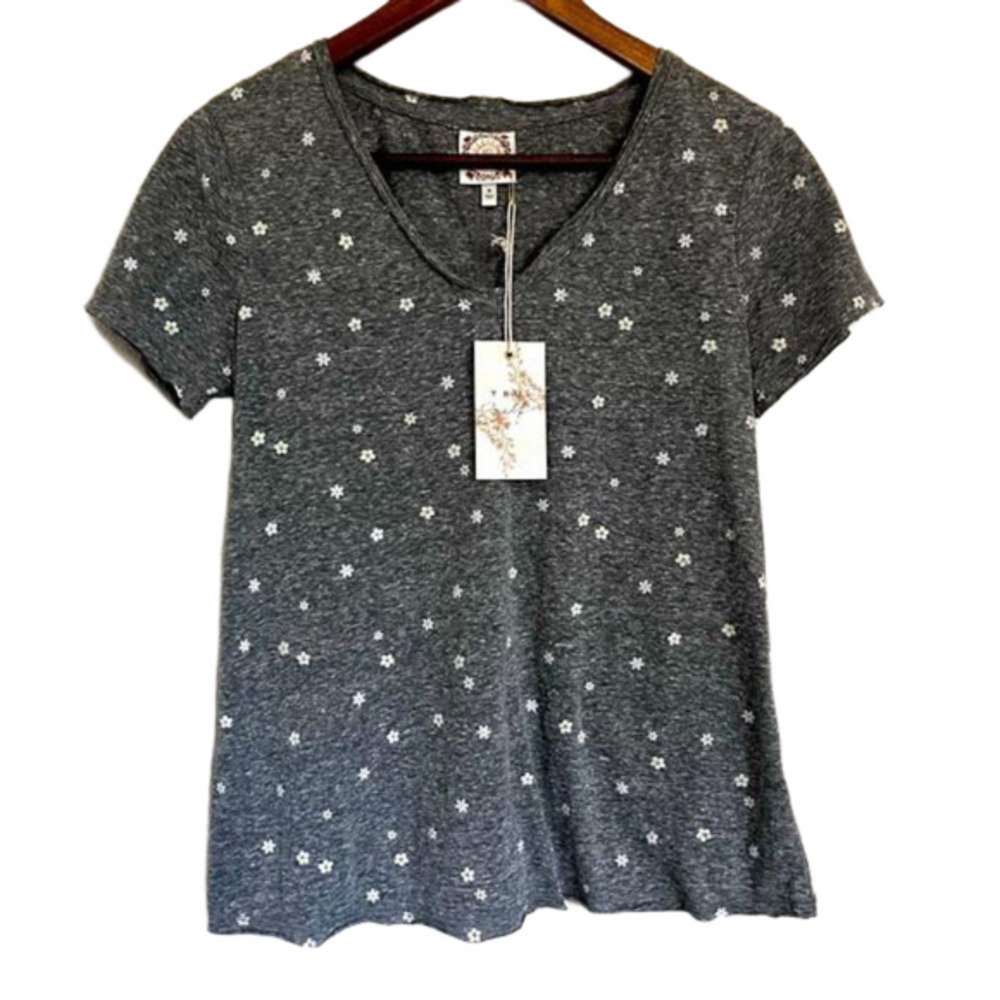 True Self Flower Print Gray Speckled Shortsleeve Top Women’s Gray Size Small